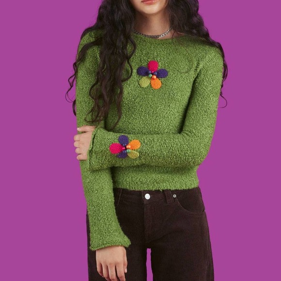 UNIF Sweaters - Unif Somer Green Floral Applique Boucle Sweater XS